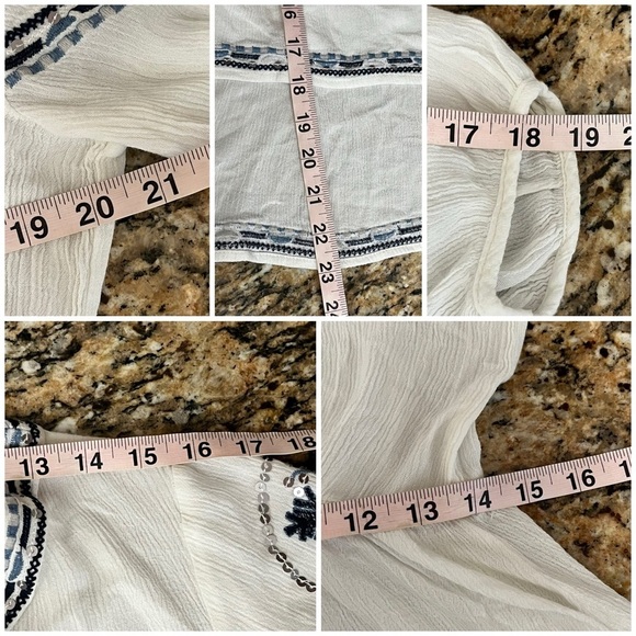 Christina V Women’s White Black Embroidered Boho Peasant Blouse Size M Sheer Top - Picture 6 of 9